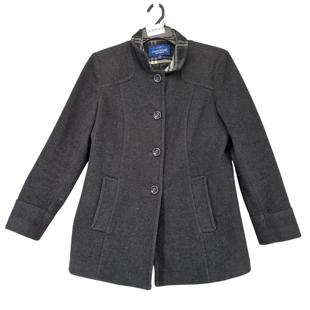 Mackintosh Charcoal Wool Blend Overcoat Womens M Plaid Trim Tailored Coat Preppy